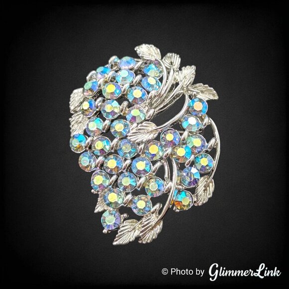 Vintage BSK Blue Aurora Borealis AB Rhinestone Leaves Silver Tone Brooch - Picture 1 of 12